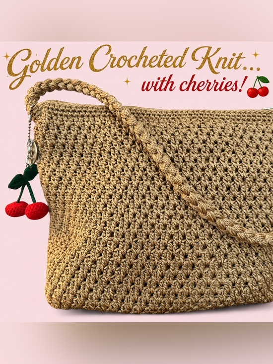 The Sak Handbags - The Sak Gold Crochet Shoulder Bag w/BONUS Crocheted Cherries 🍒 Bag Charm/Keyring